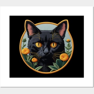 Black Cat Botanical Embroidered Patch Posters and Art